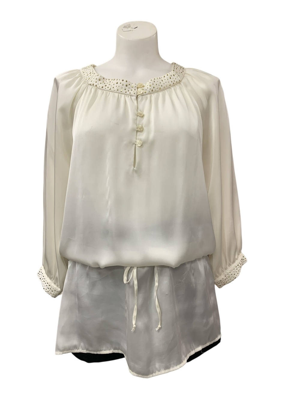 DREW Ivory Satin Peasant Top with Beaded Neckline Size M